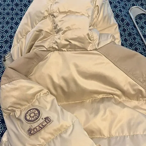 Women's Coach Beige Fur-Trimmed Puffer Jacket - Picture 9 of 11